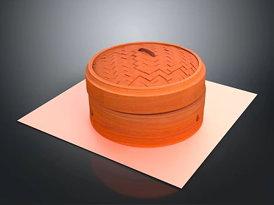 Traditional Orange Bamboo Steamer with Lid on Pink Mat for Kitchen Use 3d model