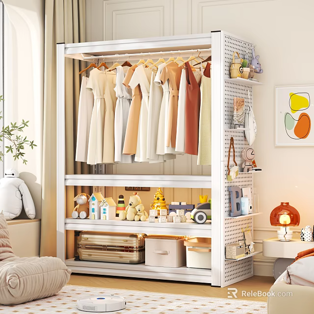 White Multi tiered Clothes Rack With Hanging Clothes Storage Boxes And Toys In Bedroom 3d model 