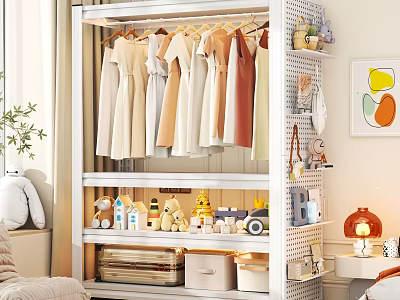 White Multi tiered Clothes Rack With Hanging Clothes Storage Boxes And Toys In Bedroom 3d model