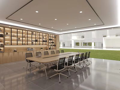 Modern Meeting Room Interior Design With Long Table Wooden Bookshelves And Lawn View 3d model