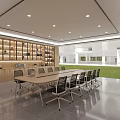 Modern Meeting Room Interior Design With Long Table Wooden Bookshelves And Lawn View