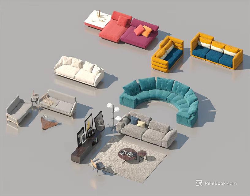 Modern Living Room Sofa and Coffee Table Set With Colorful Styles and Designs 3d model 