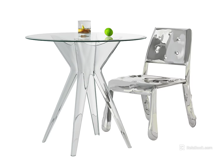 Modern Dining Table Set With Transparent Glass Top Unique Stand Silver Chair And Green Apple 3d model 