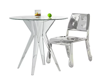 Modern Dining Table Set With Transparent Glass Top Unique Stand Silver Chair And Green Apple 3d model