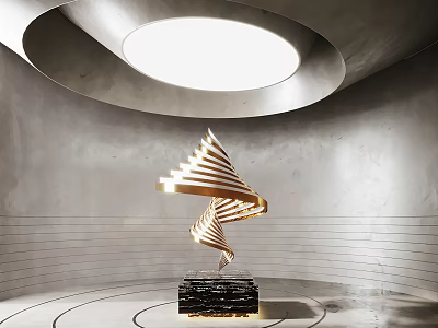 Modern Golden Spiral Sculpture with Black Base Circular Ceiling Light and Gray Walls 3d model