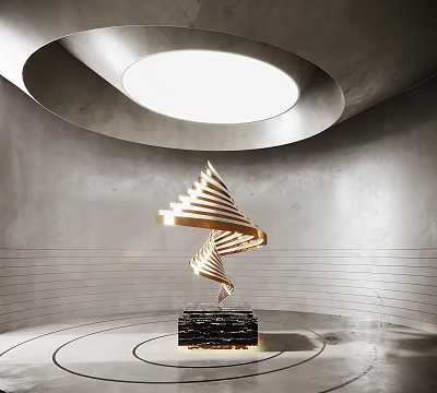 Modern Golden Spiral Sculpture with Black Base Circular Ceiling Light and Gray Walls 3d model