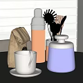 Stylish Home Kitchen Countertop With Burlap Bag Copper Container Whisk And White Cup
