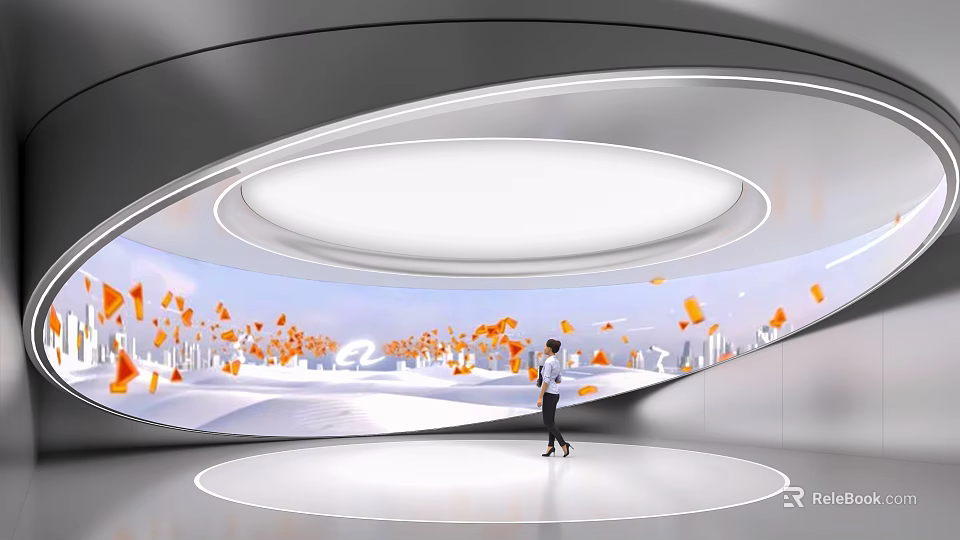 Modern Technology Exhibition Hall With Interactive Digital Screens And Futuristic Design Elements 3d model