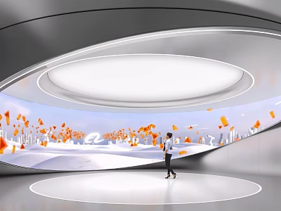 Modern Technology Exhibition Hall With Interactive Digital Screens And Futuristic Design Elements 3d model