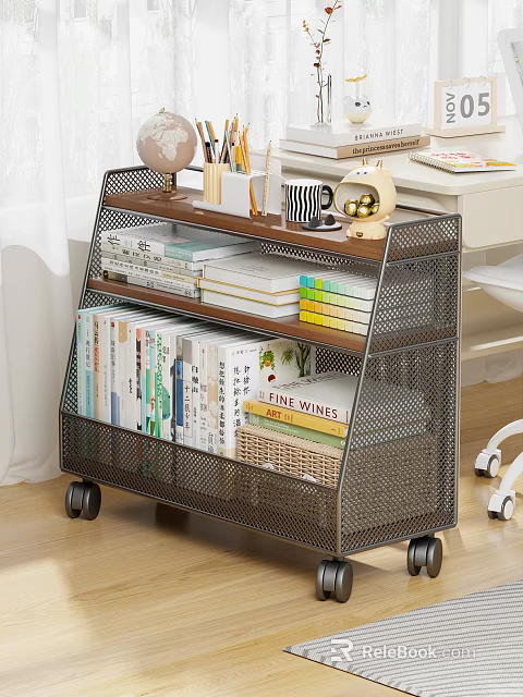 Study Room Organized With Rolling Metal Mesh Bookshelf Books Stationery And Decorative Items 3d model 