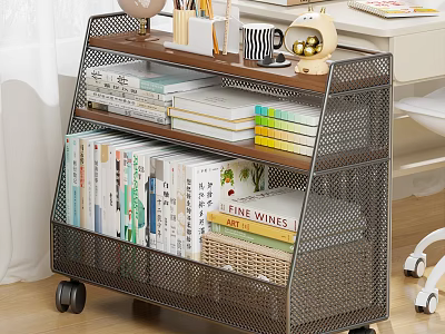Study Room Organized With Rolling Metal Mesh Bookshelf Books Stationery And Decorative Items 3d model