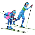 Two People Skiing In Colorful Ski Suits With Poles And Skis