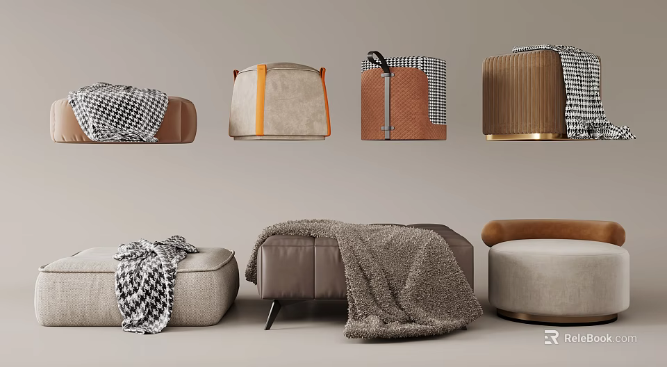 Modern Upholstered Ottomans With Various Designs And Cozy Throws 3d model