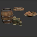 Rustic Wooden Barrel Display With Metal Jars And Fresh Bread Loaves