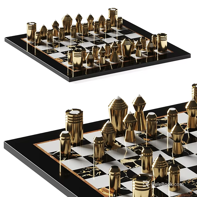 Decorative Ornament Set with Golden Chess Pieces on Black and White Chessboard for Home Decor 3d model 