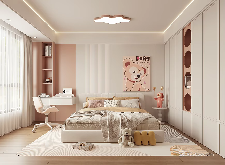 Pink Children's Bedroom Design With Cloud Shaped Ceiling Light Cartoon Bear Art Desk And Wardrobe 3d model 