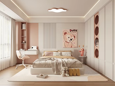 Pink Children's Bedroom Design With Cloud Shaped Ceiling Light Cartoon Bear Art Desk And Wardrobe 3d model