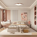 Pink Children's Bedroom Design With Cloud Shaped Ceiling Light Cartoon Bear Art Desk And Wardrobe