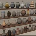 Assorted Ceramic Vessels Displayed on Wooden Shelves with Various Shapes and Textures