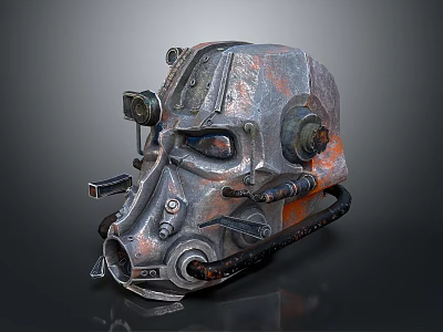 Rusted Mechanical Metallic Helmet With Goggles Pipes Rivets And Industrial Details 3d model