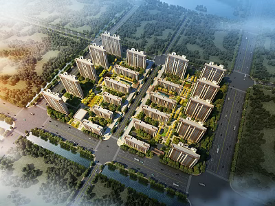Aerial Planning of Modern Residential Area with High Rise Apartments Greenery and Water Bodies 3d model