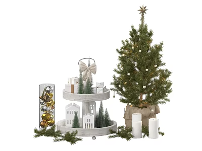 Festive Christmas Decorative Ornament Set With Tiered Stand Mini Houses Gift Boxes And Candles 3d model