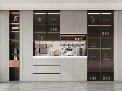 Modern Sleek Wine Cabinet With Glass Doors Built-in Lighting Wine Bottles Glassware And Decorative Accents 3d model