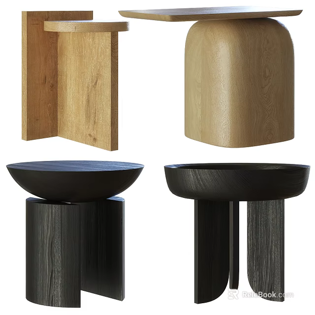 Oak Wooden And Black Modern Side Tables With Round Tops And Single Three Column Bases 3d model 