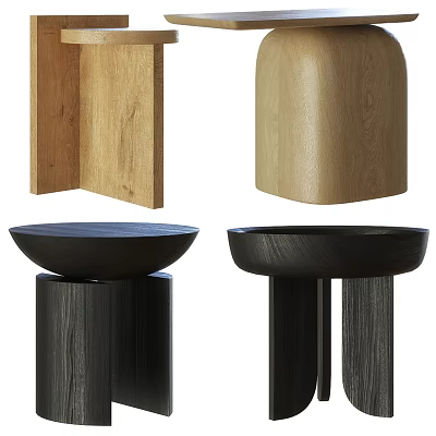 Oak Wooden And Black Modern Side Tables With Round Tops And Single Three Column Bases 3d model