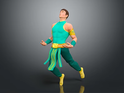 Man In Turquoise Sleeveless Top Yellow Armbands Belt Green Sash And Green Pants Dynamic Pose 3d model