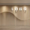 Wooden Background Wall With Vertical Stripes And Wavy Design Featuring LOGO 3d model