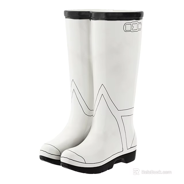 Stylish White Tall Rain Boots Featuring Black Soles and Line Design 3d model 