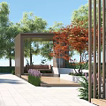 Modern Outdoor Pergola Design With Wooden Frame Green Trees And Lawn Benches