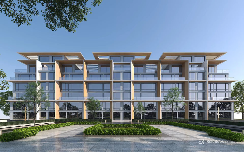 Modern Multi Storey Residential Building With Glass Windows Balconies Green Lawns And Trees 3d model 