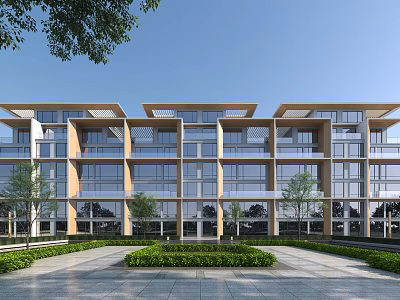 Modern Multi Storey Residential Building With Glass Windows Balconies Green Lawns And Trees 3d model