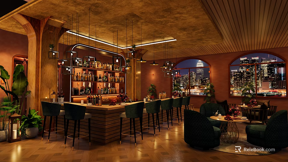 Elegant Modern Bar Interior With Wooden Counter Wine Racks High Stools And City Night View 3d model 