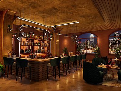Elegant Modern Bar Interior With Wooden Counter Wine Racks High Stools And City Night View 3d model