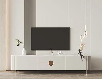 Modern White TV Stand With Flat Screen TV Decorative Items And Hanging Lights 3d model