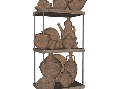 Three Tiered Wooden And Metal Shelf Displaying Various Ceramic Vessels Teapots Bowls Plates Vases 3d model