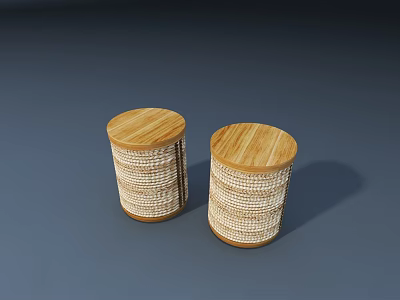 Two Round Stools Featuring Wooden Tops And Woven Sides In Natural Design 3d model