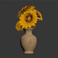 Terracotta Vase With Yellow And Orange Daisies On Black Surface With Dark Background Reflection