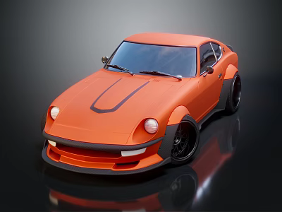 Vintage Orange Sports Car with Black Stripes and Black Wheels on Dark Background with Reflection 3d model