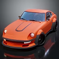 Vintage Orange Sports Car with Black Stripes and Black Wheels on Dark Background with Reflection