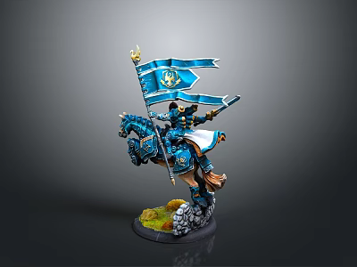 Man Riding Horse In Blue Armor Holding Decorated Flag On Stone Base 3d model