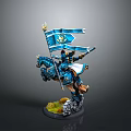 Man Riding Horse In Blue Armor Holding Decorated Flag On Stone Base