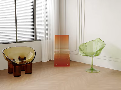 Modern Unique Transparent Brown Green Accent Chairs With Window And Wooden Floor 3d model