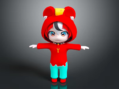 Cute Game Anime Character With Red Hoodie Yellow Hat Decoration Black Hair Blue Eyes And Arms Outstretched 3d model