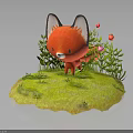 Cute Red Fox Character Standing On Green Grass With Pink Flowers And Plants