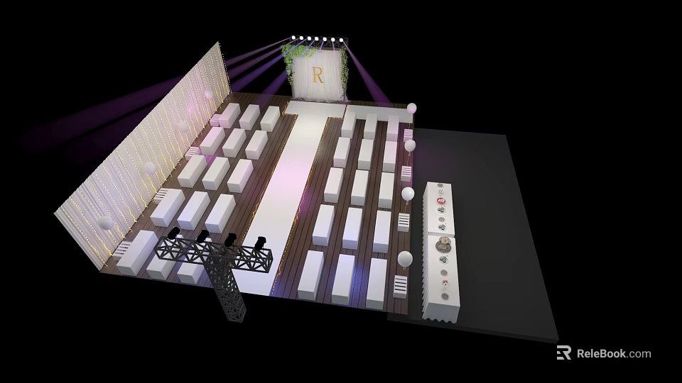Elegant Event Venue Stage Setup With White Seats Lighting And R Decor 3d model 
