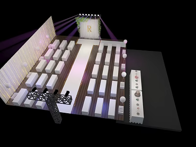 Elegant Event Venue Stage Setup With White Seats Lighting And R Decor 3d model